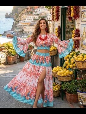 Antica Sartoria Boho Coral & Turquoise Floral Maxi Skirt & Top NWT O/S Gorgeous